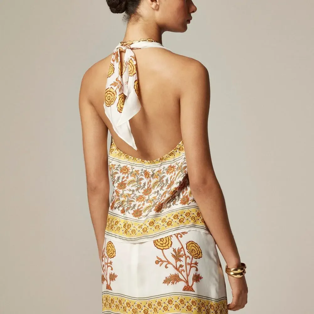 J.Crew Open Back Halter Top Sunset Rose Block Print Pristine Size XXS NWT